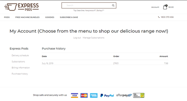 Express Pods Subscription delivery history