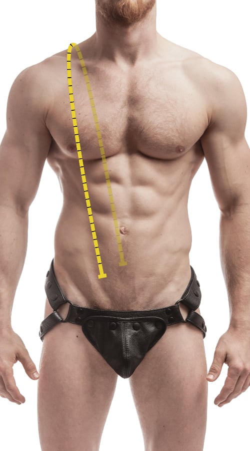 Size chart image of where to measure for a pair of braces or suspenders