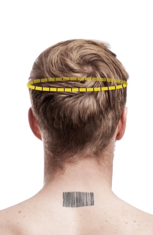 Size chart image of where to measure for a head measurement