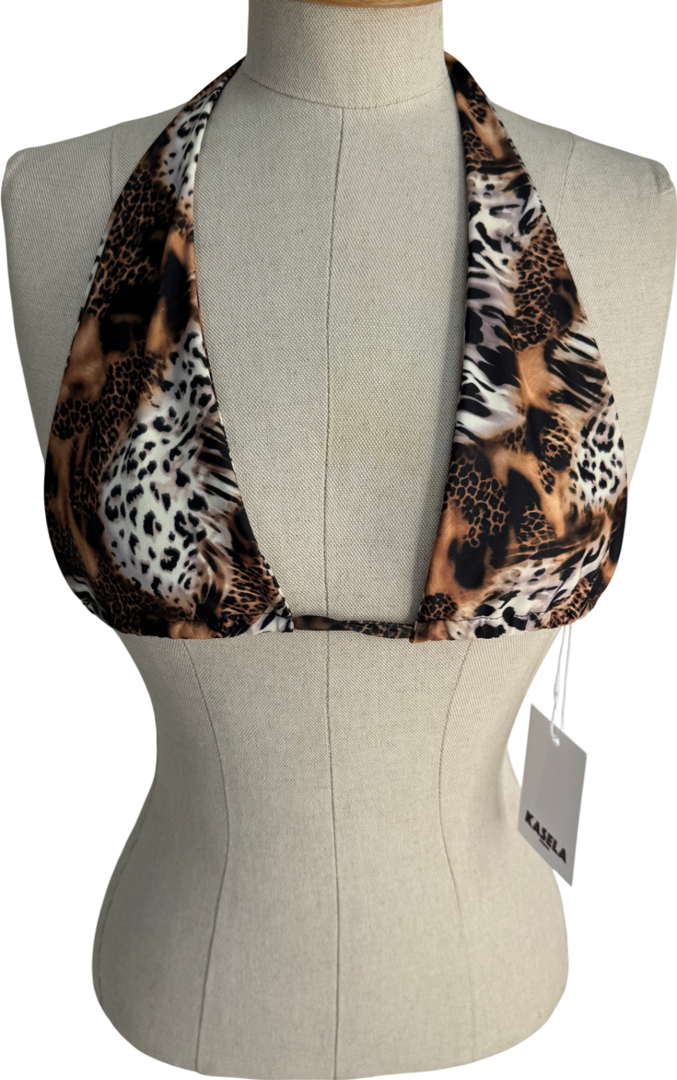 image of Kasela Brown Tie Halter Bikini Top In Leopard UK S