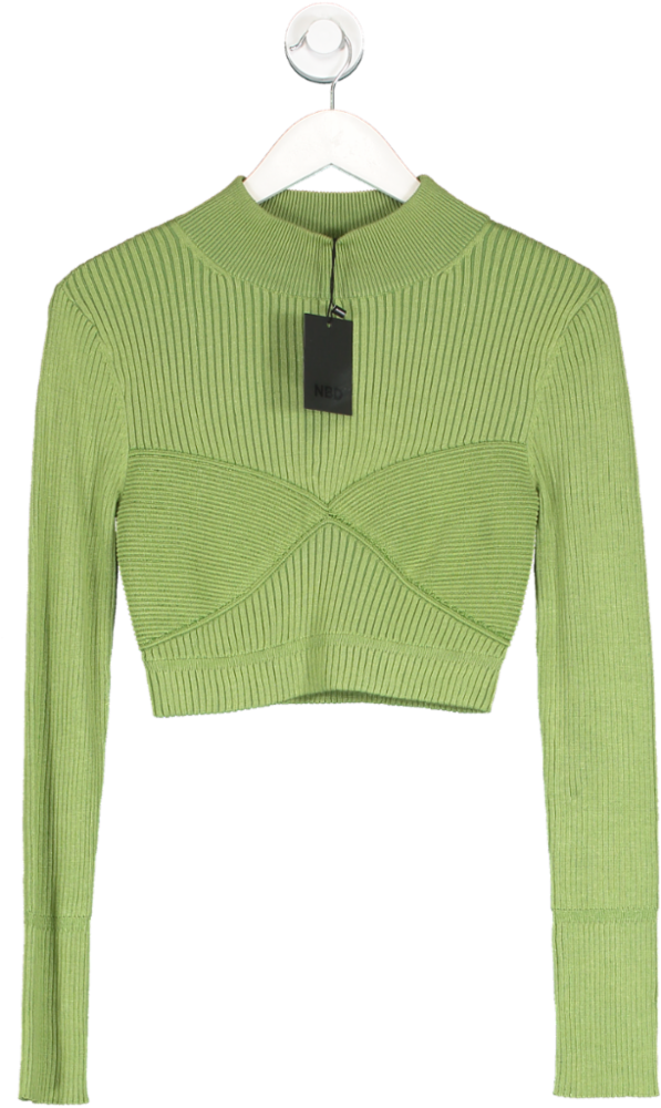 Image of NBD Green Ribbed Long Sleeve Top UK S