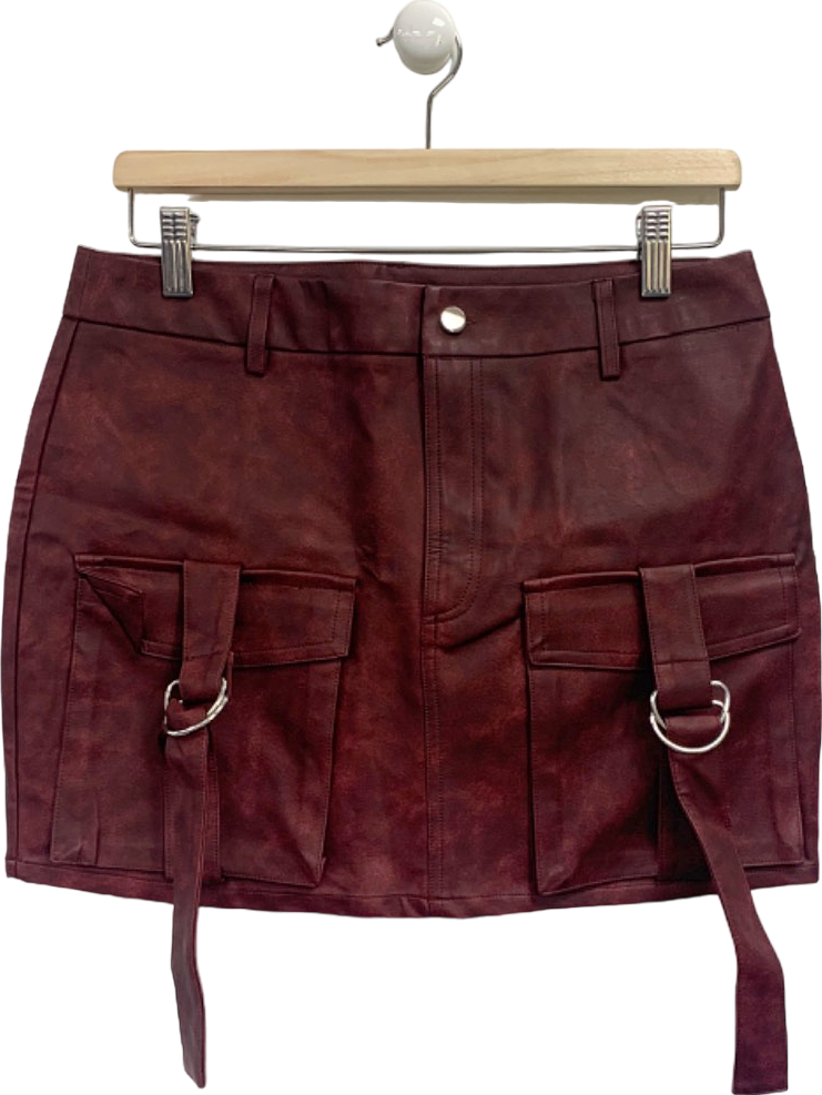image of Pretty Little Thing Oxblood Washed Faux Leather Pocket Cargo Mini Skirt UK 10