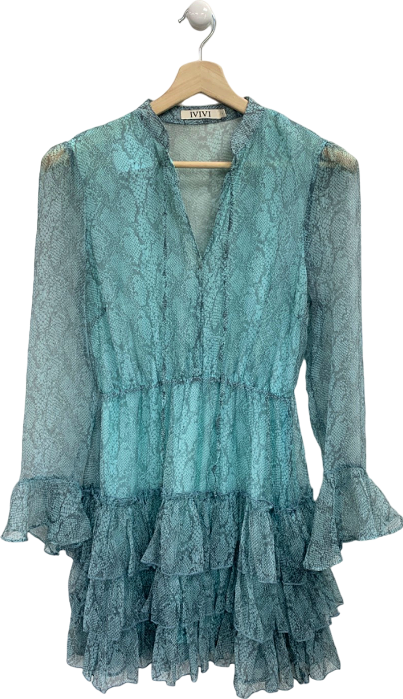 image of Ivivi Blue Snake Print Ruffle Dress UK L