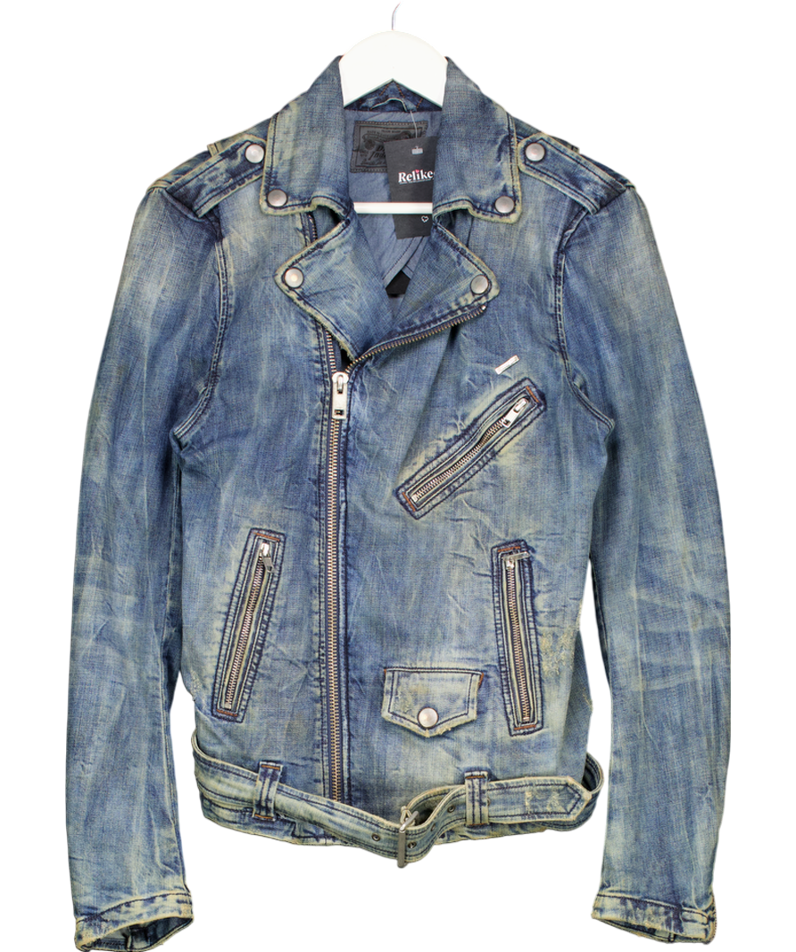 image of Blue Crazy Diesel Distressed Style Denim Biker Jacket UK S