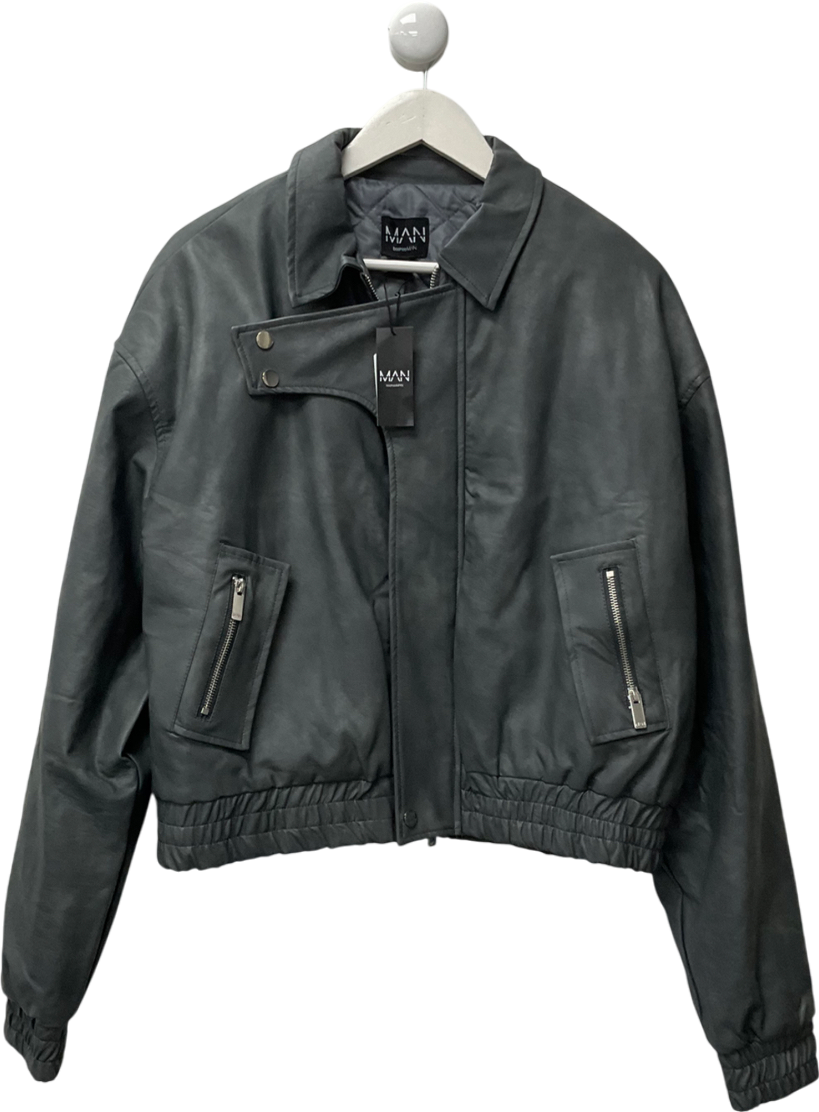 image of boohooMan Grey Boxy Detail Collared Bomber UK S
