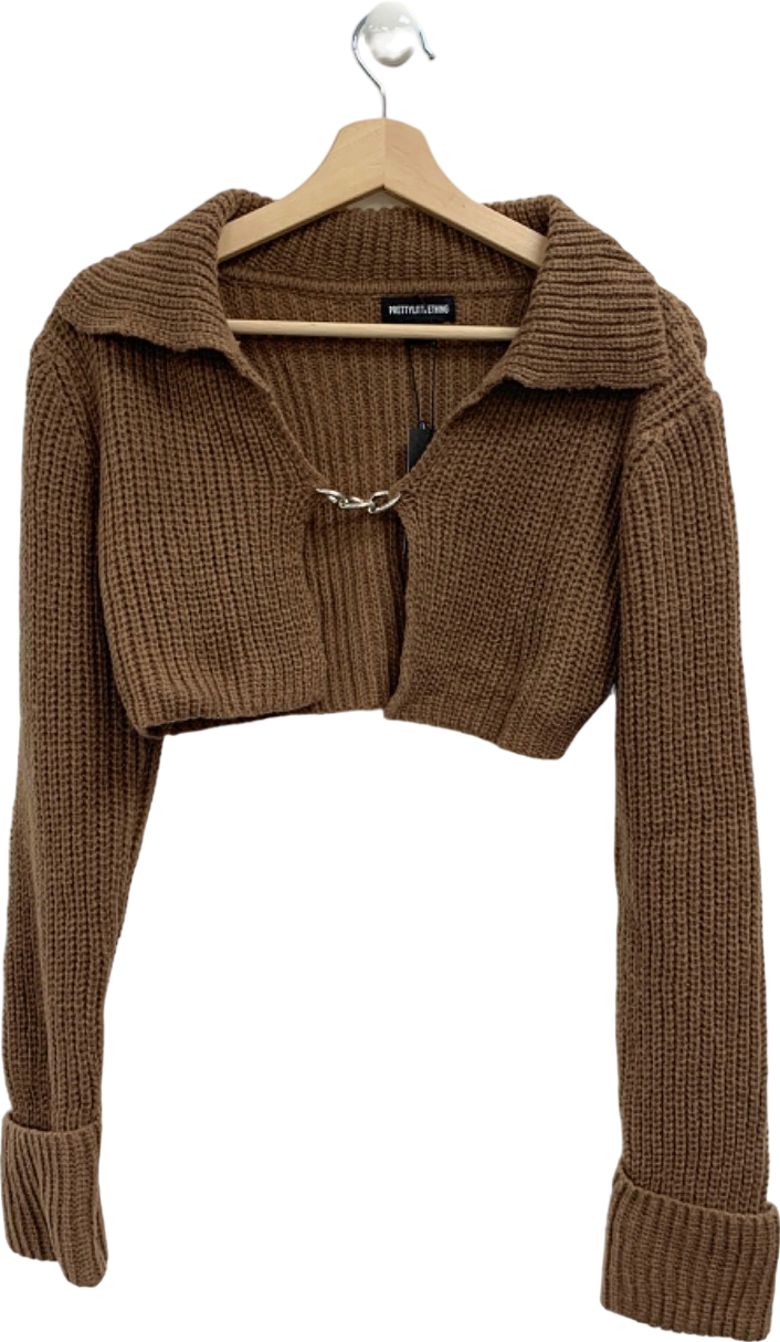 Image of Pretty Little Thing Brown Chunky Knit Chain Cropped Cardigan M UK Size