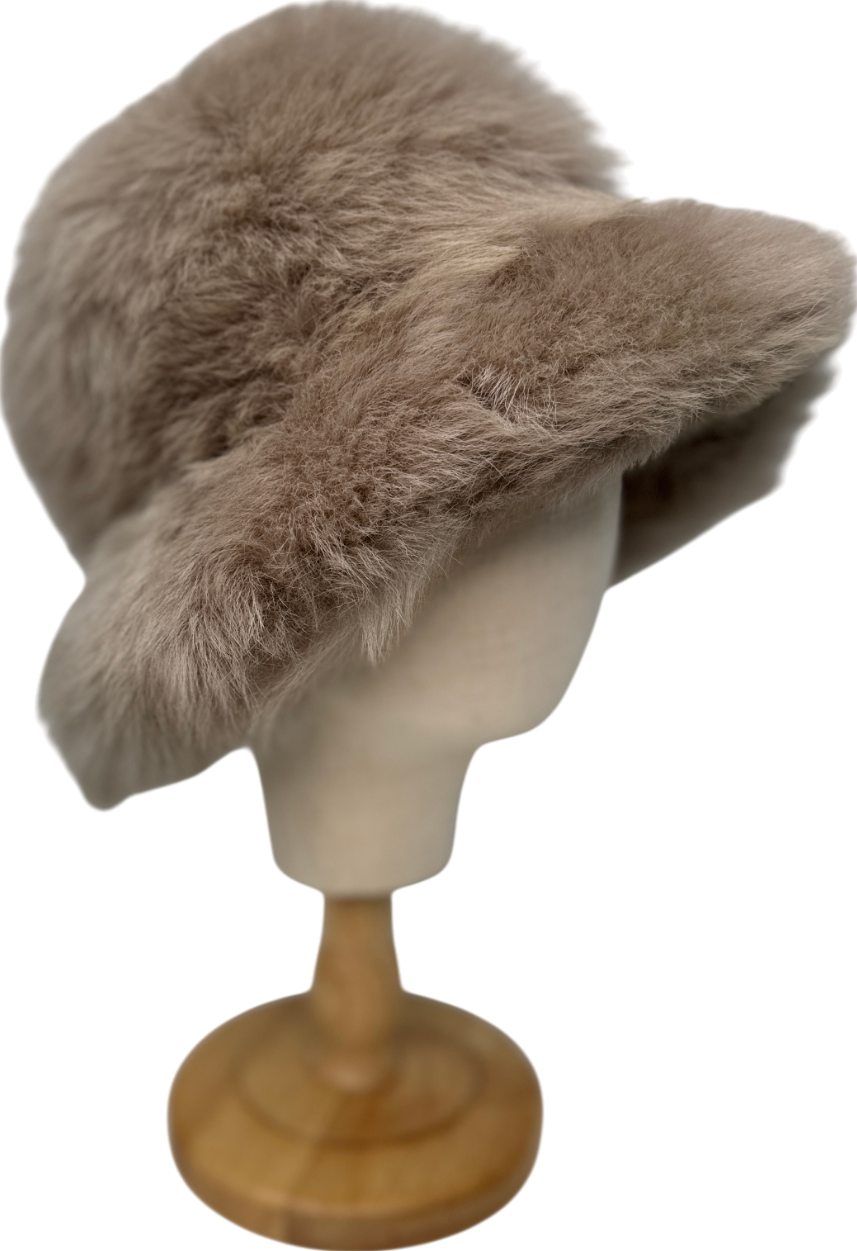 image of Beige Faux Fur Bucket Hat UK S