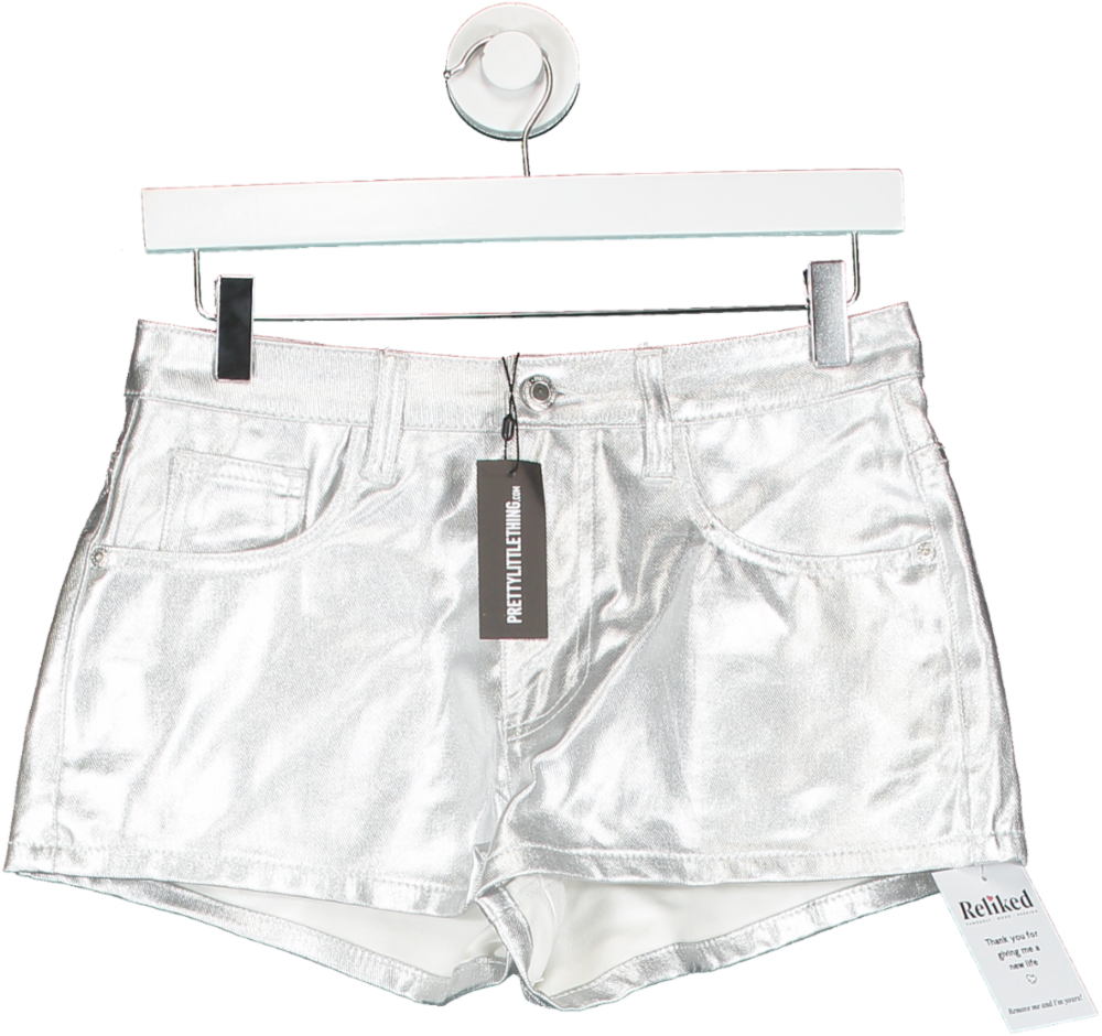 Image of PrettyLittleThing Petite Silver Metallic Coated Denim Shorts UK 6