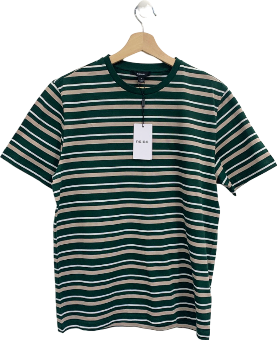 image of Reiss Fir Green Silver Birch Striped Mercerised Crew T-Shirt UK M