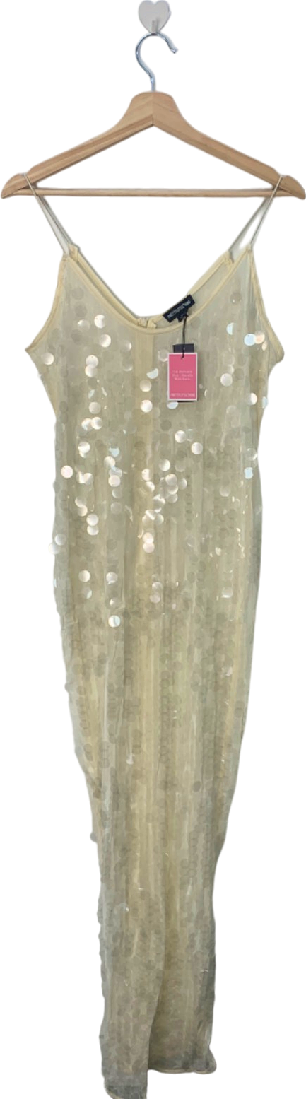 Image of PrettyLittleThing Cream Sheer Sequin Maxi Dress UK 12