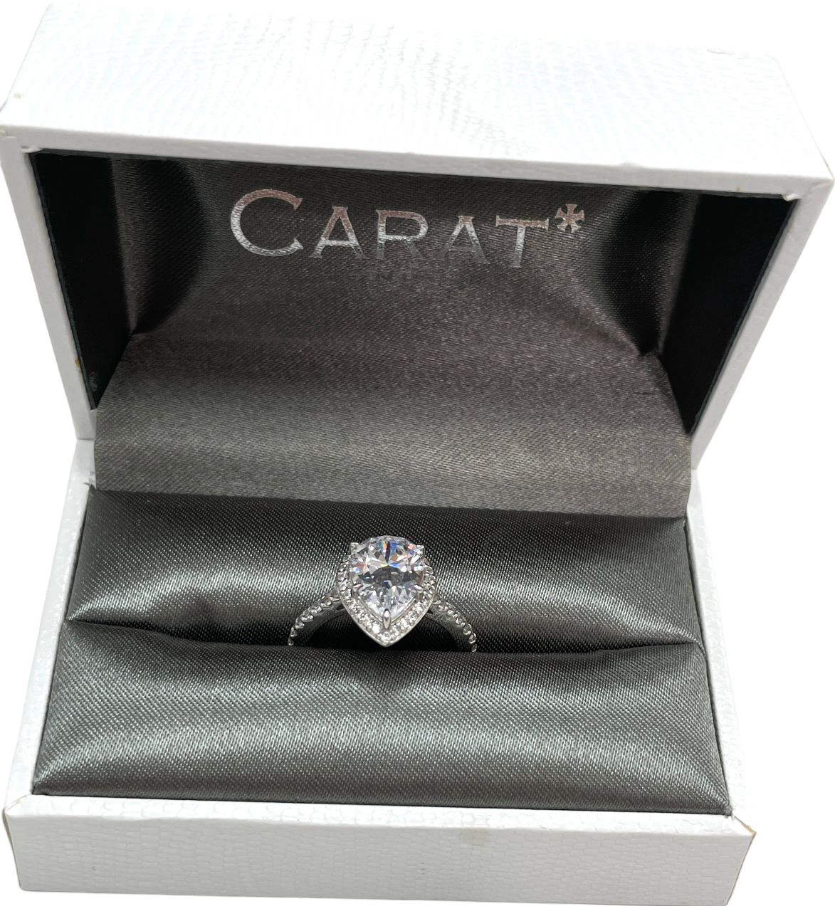 image of Carat London Luella Pear Borderset Ring White Gold Plated RING SIZE L