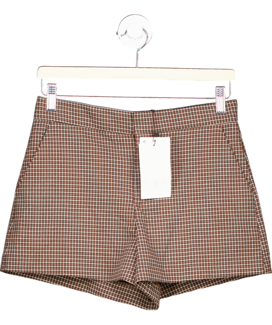 image of ZARA Brown Plaid Highwaist Shorts UK S