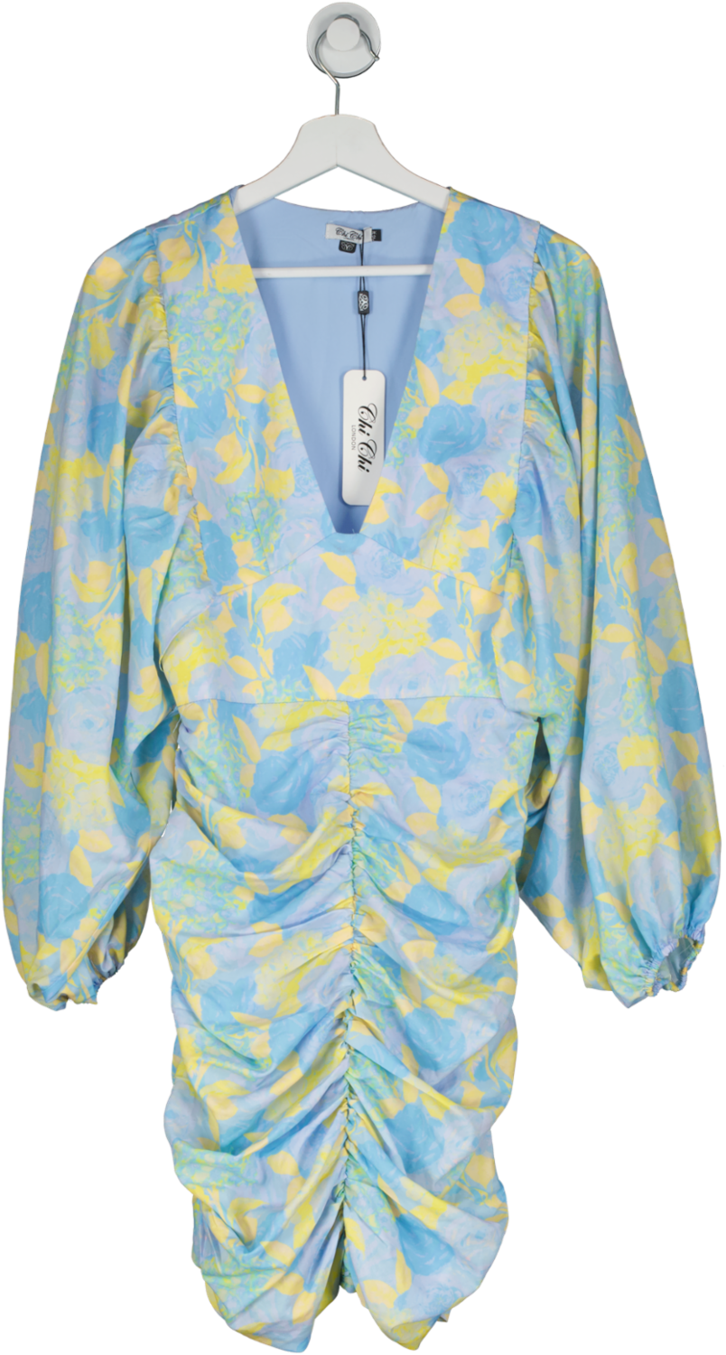 Image of Chi Chi London Blue Ruched Long Sleeve Floral Print Mini Dress UK 12