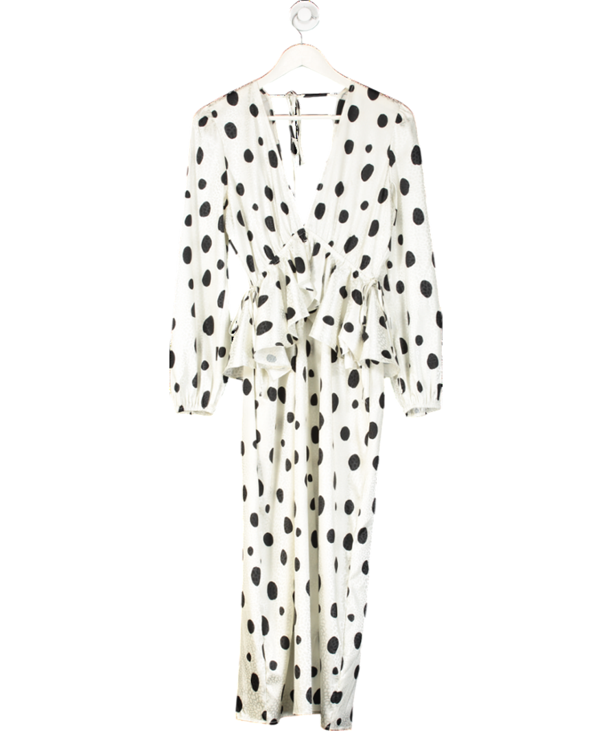 image of White Polka Dot Jacquard Ruffle Midi Dress UK S