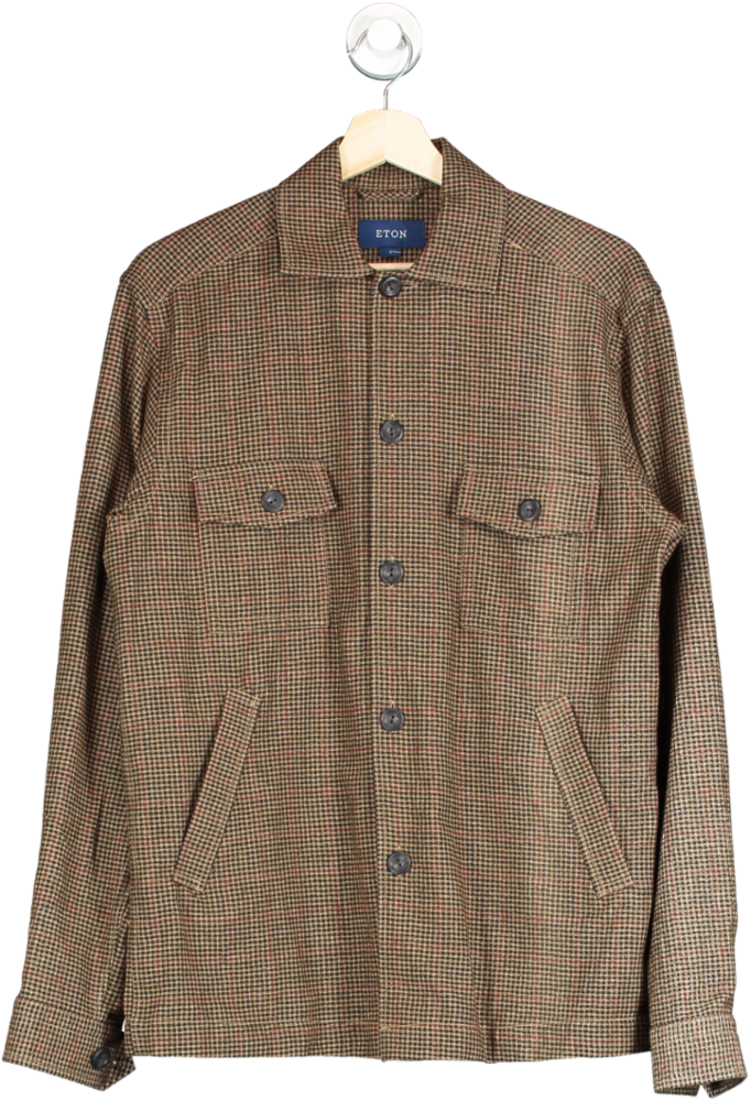 Image of Eton Brown Checked Cashmere Wool Overshirt UK S