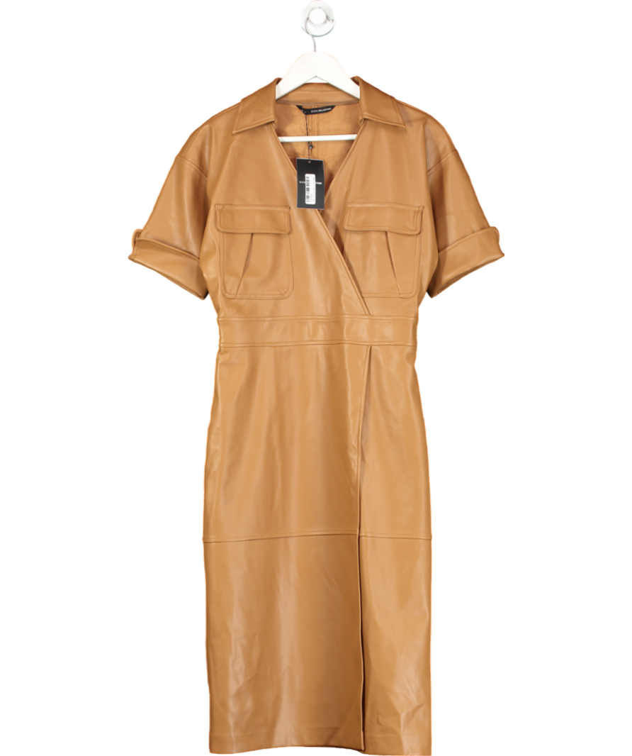 image of Sfera Brown Faux Leather Midi Dress UK S