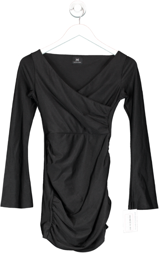 Image of Ruched & Ready Black Bardot Ruched Mini Dress UK S