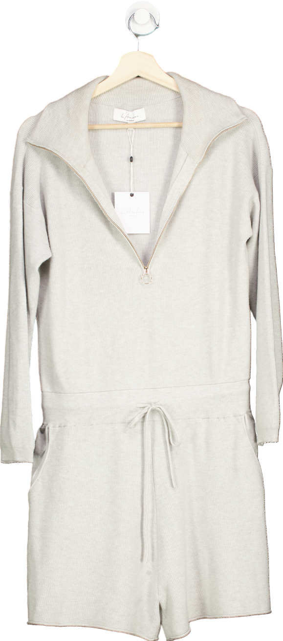 image of L'Academie Light Grey Ribbed Knit Zip-Up Romper M