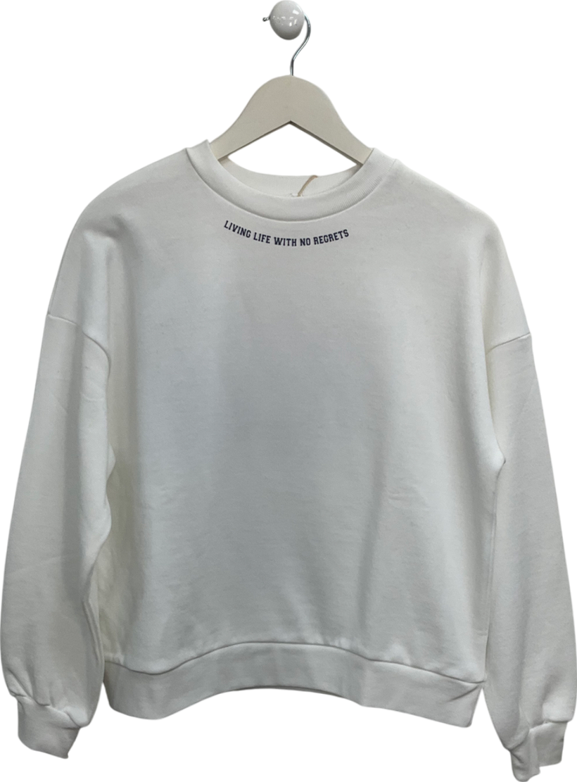 image of MANGO White "Living Life with No Regrets" Slogan Sweater UK XS/S