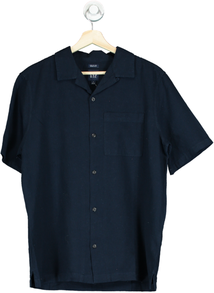 Image of GAP Navy Linen Blend Short-Sleeve Shirt UK S