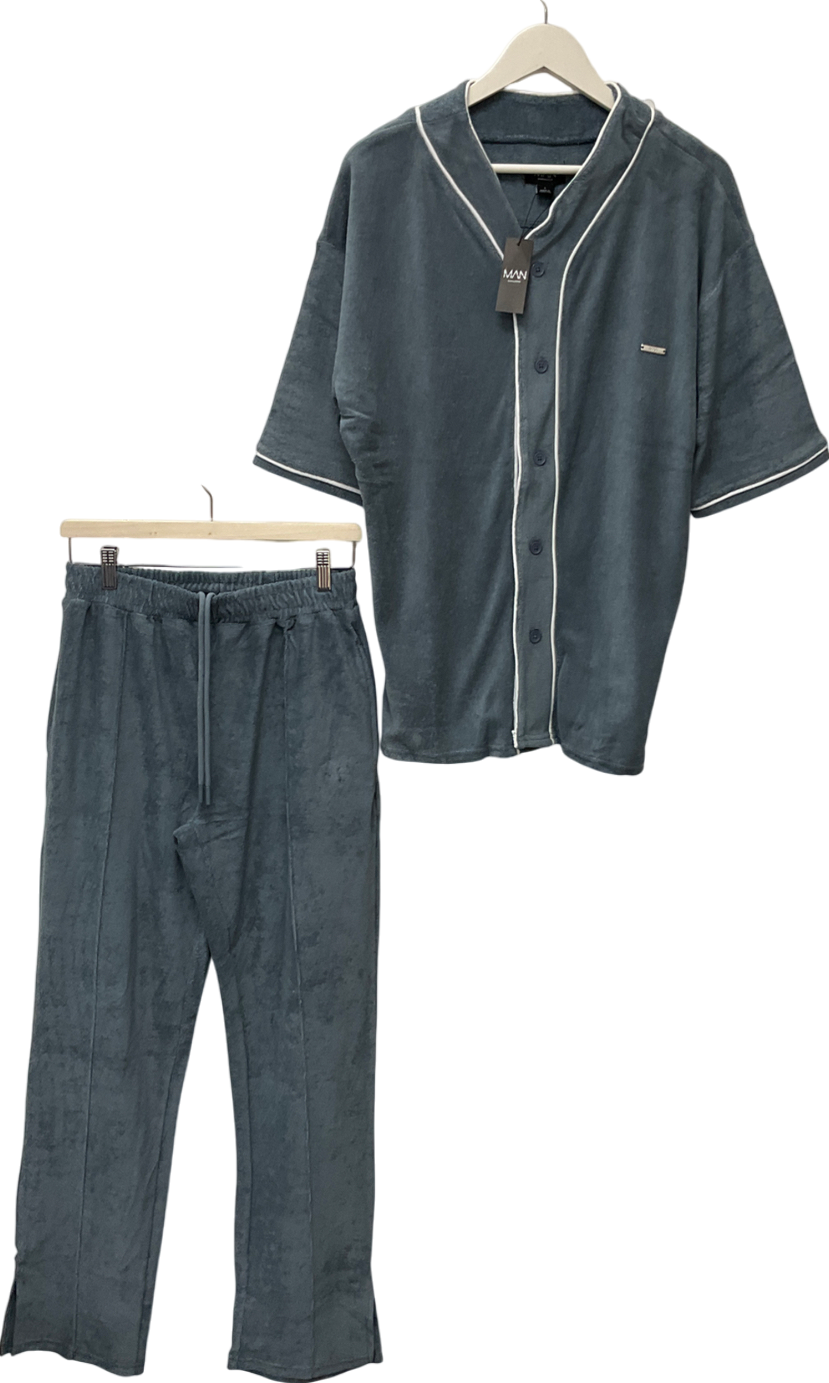 image of boohooMan Blue Oversized Premium Towelling Baseball T-shirt Tracksuit UK S