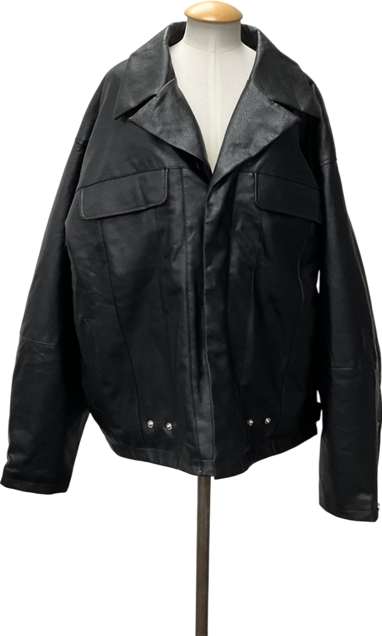 image of boohooMan Oversized Official Boxy Pu Collared Bomber Jacket In Black UK XL