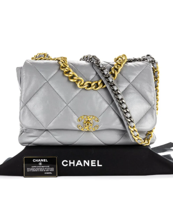 CHANEL 19 Grey Large Smooth Lambskin Leather Silver/Gold Hardware Flap