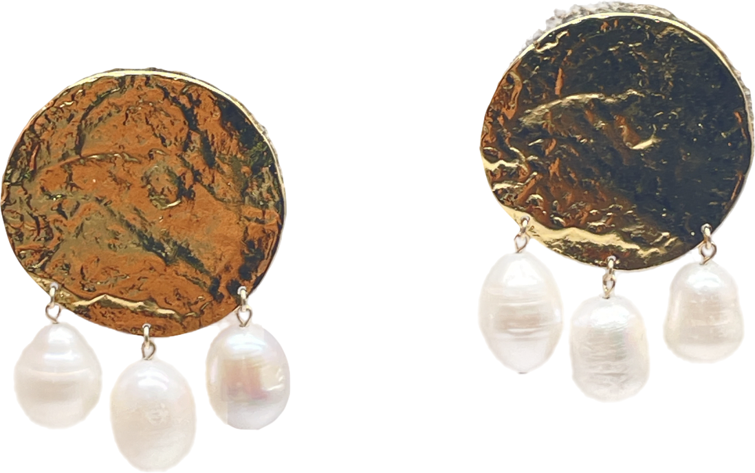 image of Metallic Large Hammered Gold Disc Pearl Drop Clip On Earrings