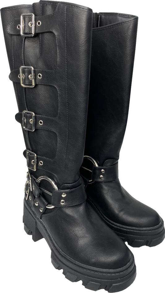 ASOS DESIGN Cruise multi strap knee high boots in black