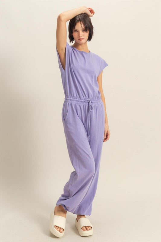 Keyhole Cap Sleeve Drawstring Jumpsuit
