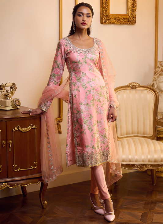 Peachy Pink Embroidered Straight Suit – Lashkaraa