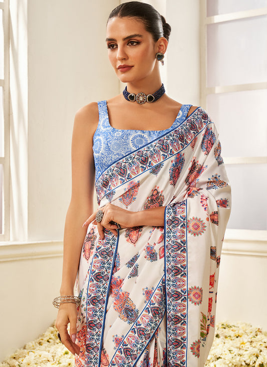 White Floral Printed Saree With Blouse Latest 4176SR01