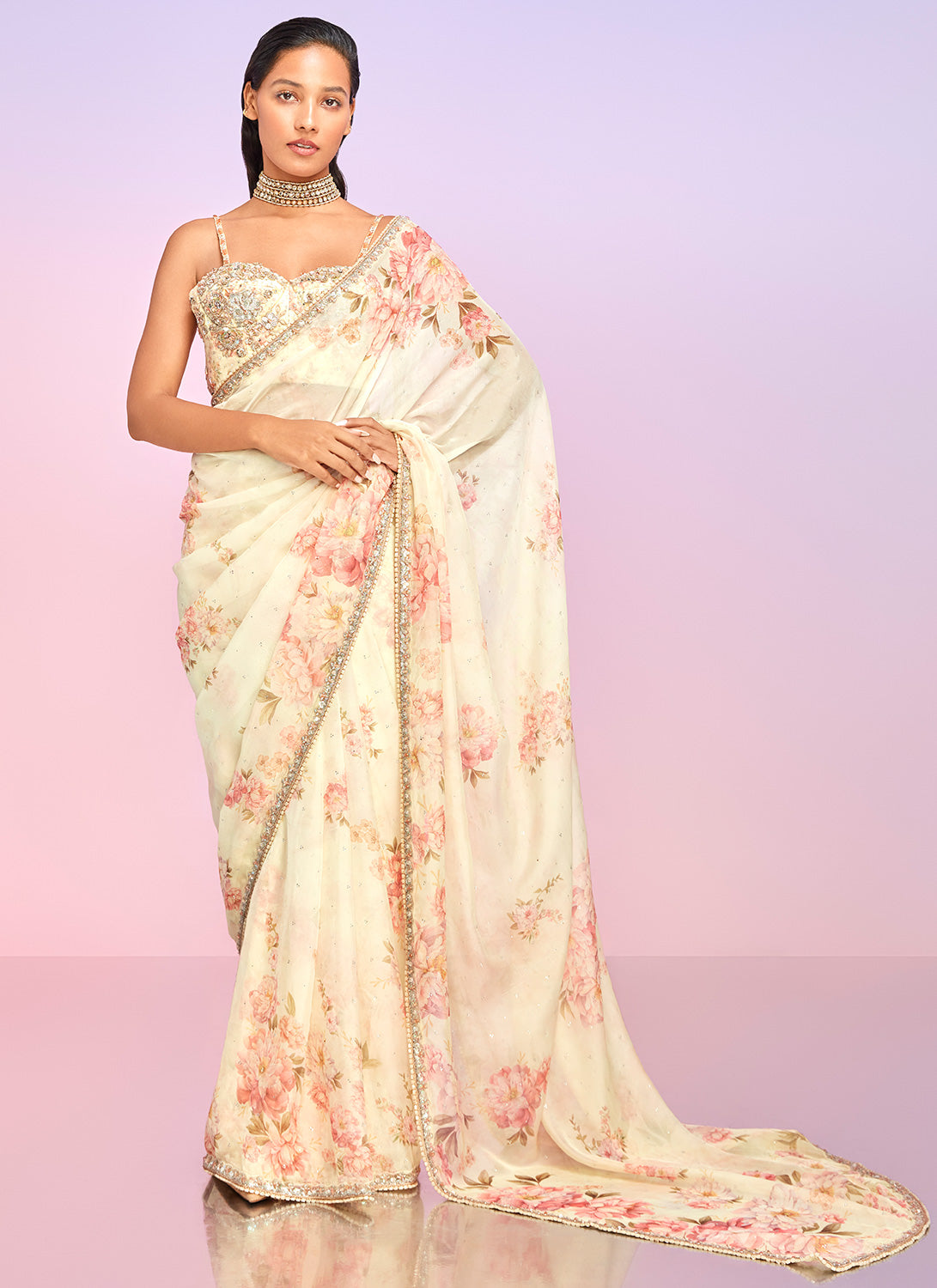 Pastel Yellow Floral Printed Georgette Saree 2292SR06