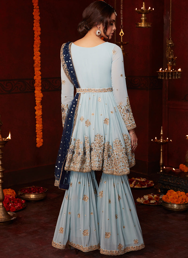 Multicolor Blue Heavy Embroidered Gharara Suit- Lashkaraa