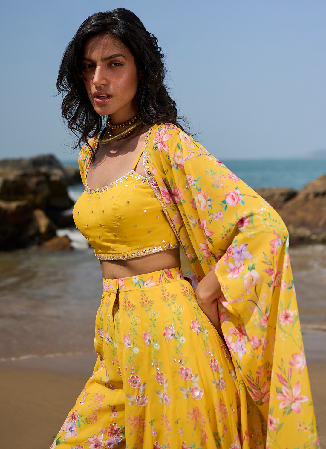 Lehenga Choli : Yellow heavy satin floral digital printed ...