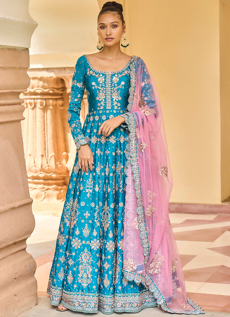 Net & Satin Anarkali Suit | Bridal anarkali suits, Dress materials, Anarkali  dress