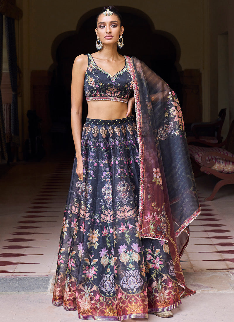 Black Printed Organza Lehenga