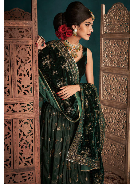 Dark Green and Gold Embroidered Velvet Lehenga– Lashkaraa
