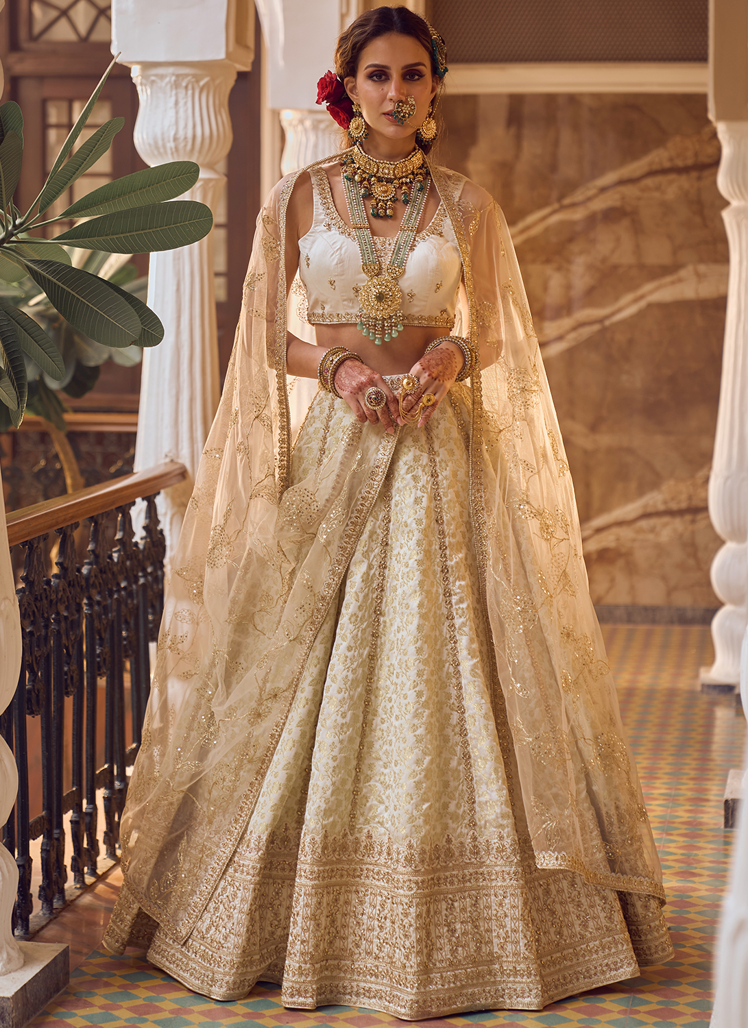 Off White Embroidered Brocade Lehenga | Lashkaraa