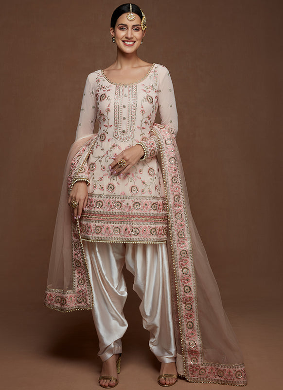 Peach Foil Embroidered Net Lehenga – Lashkaraa