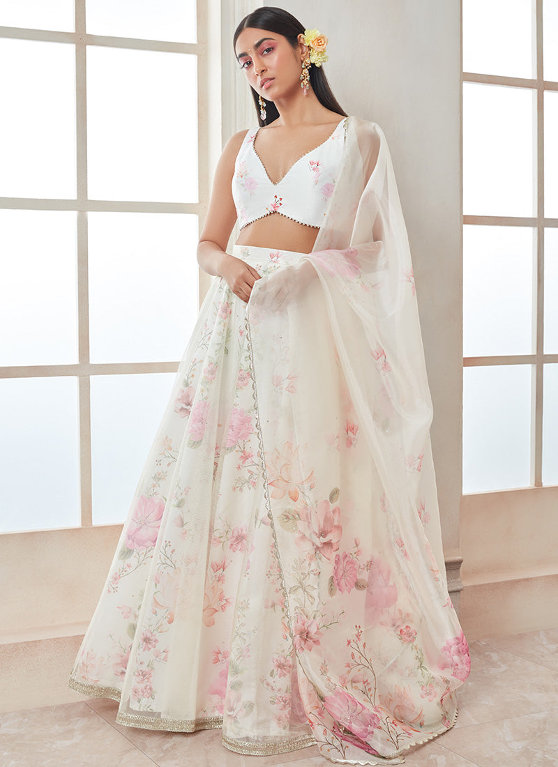 White Lehenga Choli With Multi Coloured Hand Embroidered Floral Buttis –  Akashi designer studio