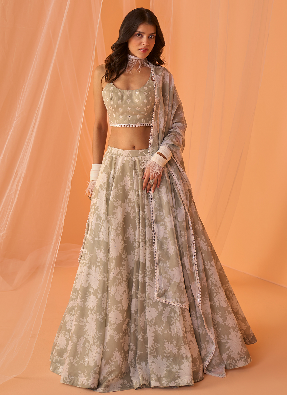 Buy Online Orange Chinon Printed Trendy Lehenga Choli : 263385 -