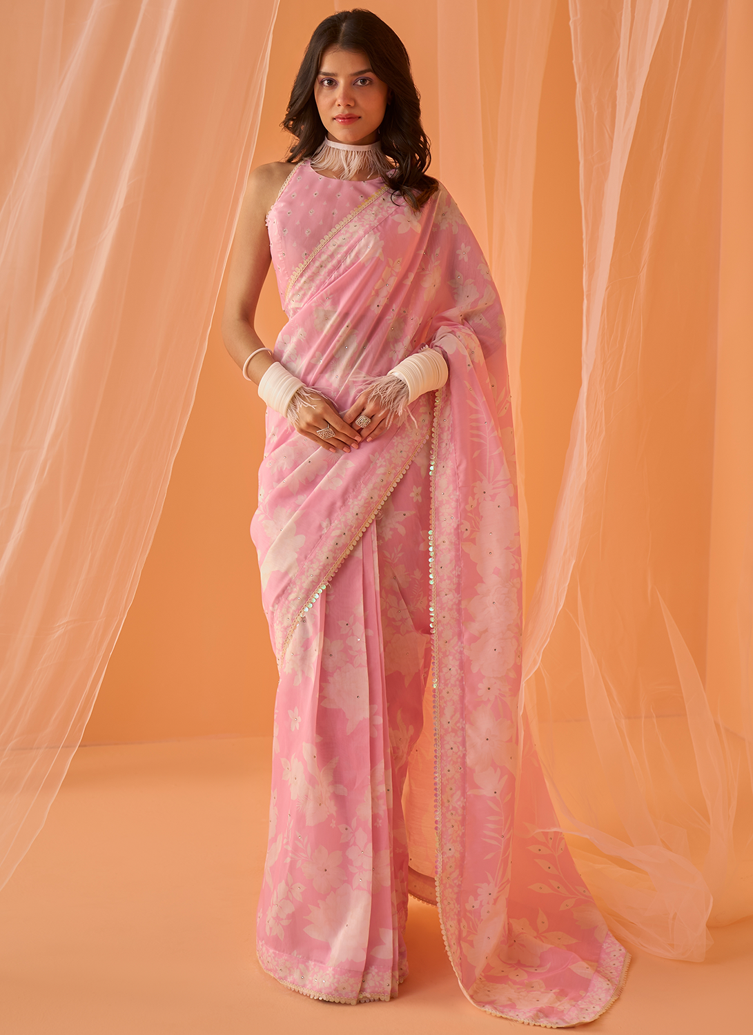 Organza Saree Design Off White Colour Floral Print