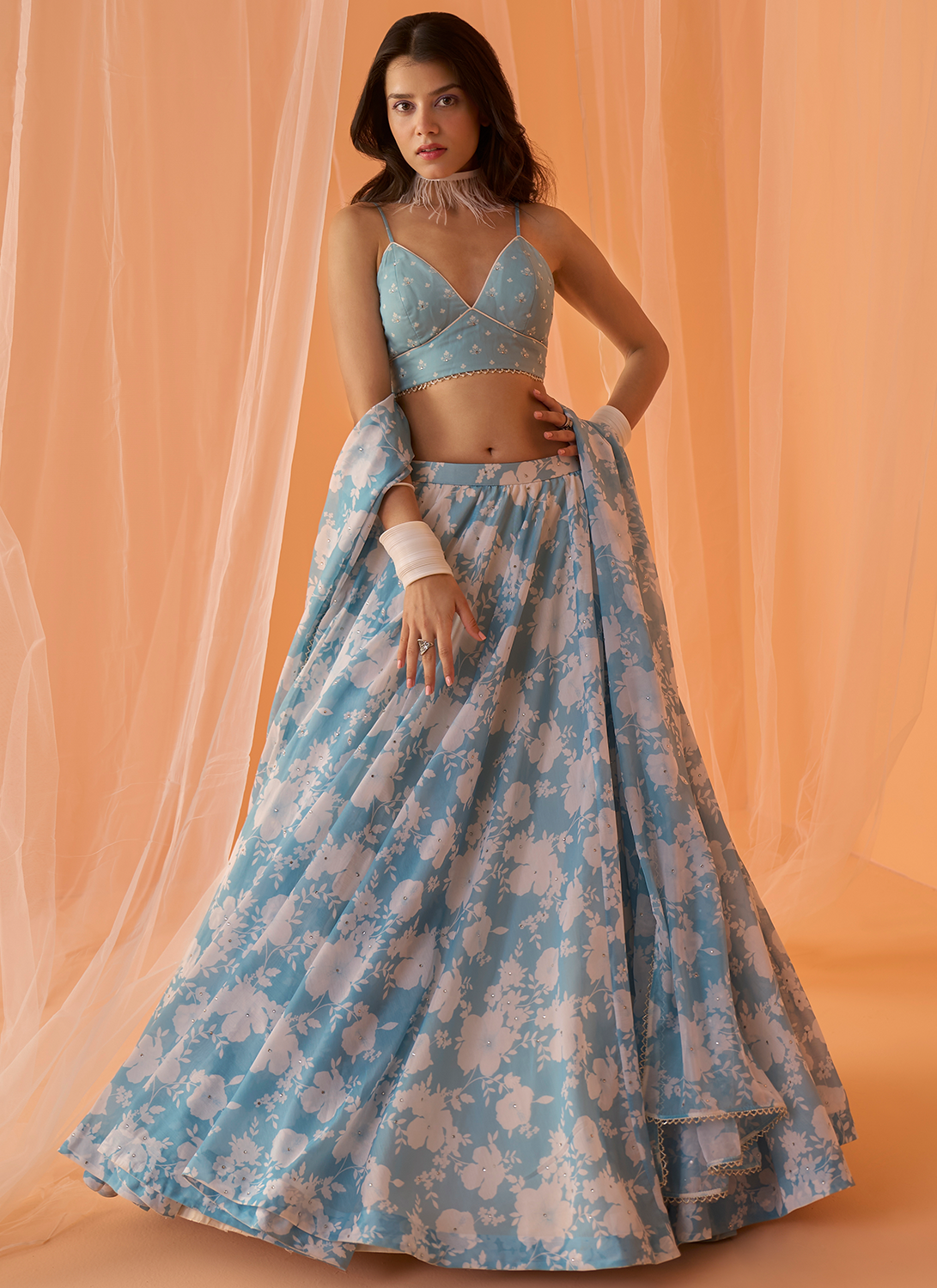 White and Blue Ruffle Lehenga with Peach Dupatta - Priti Sahni