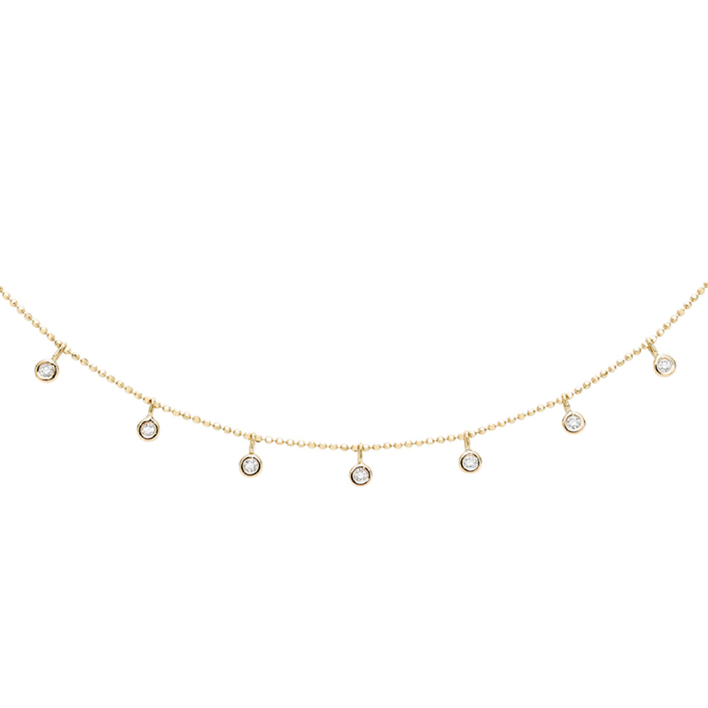 14k Gold Floating Bezel Diamond Choker Necklace with Sparkly Ball Chain