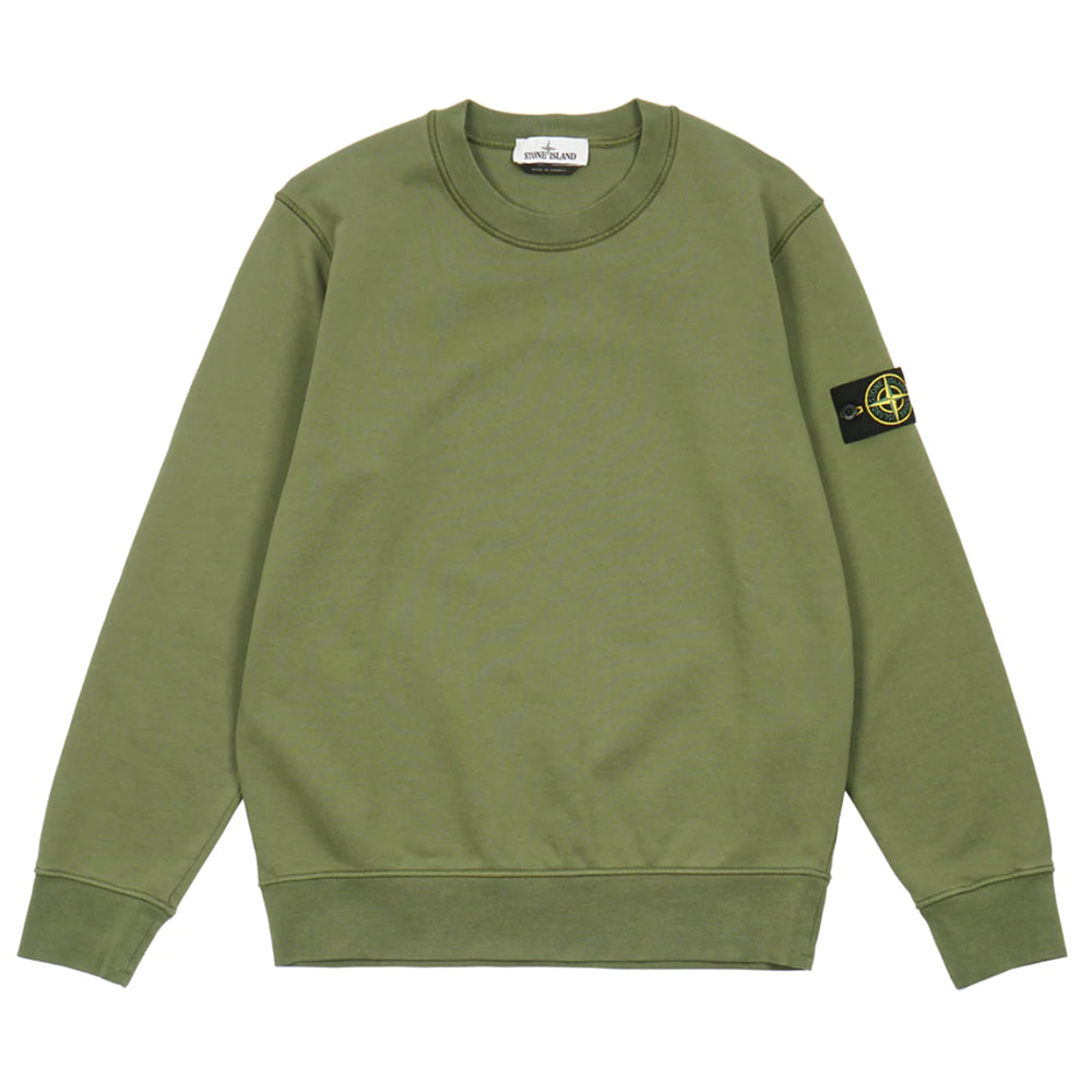 Stone Island Cotton Fleece Crewneck Sweatshirt Olive Green | PLUS