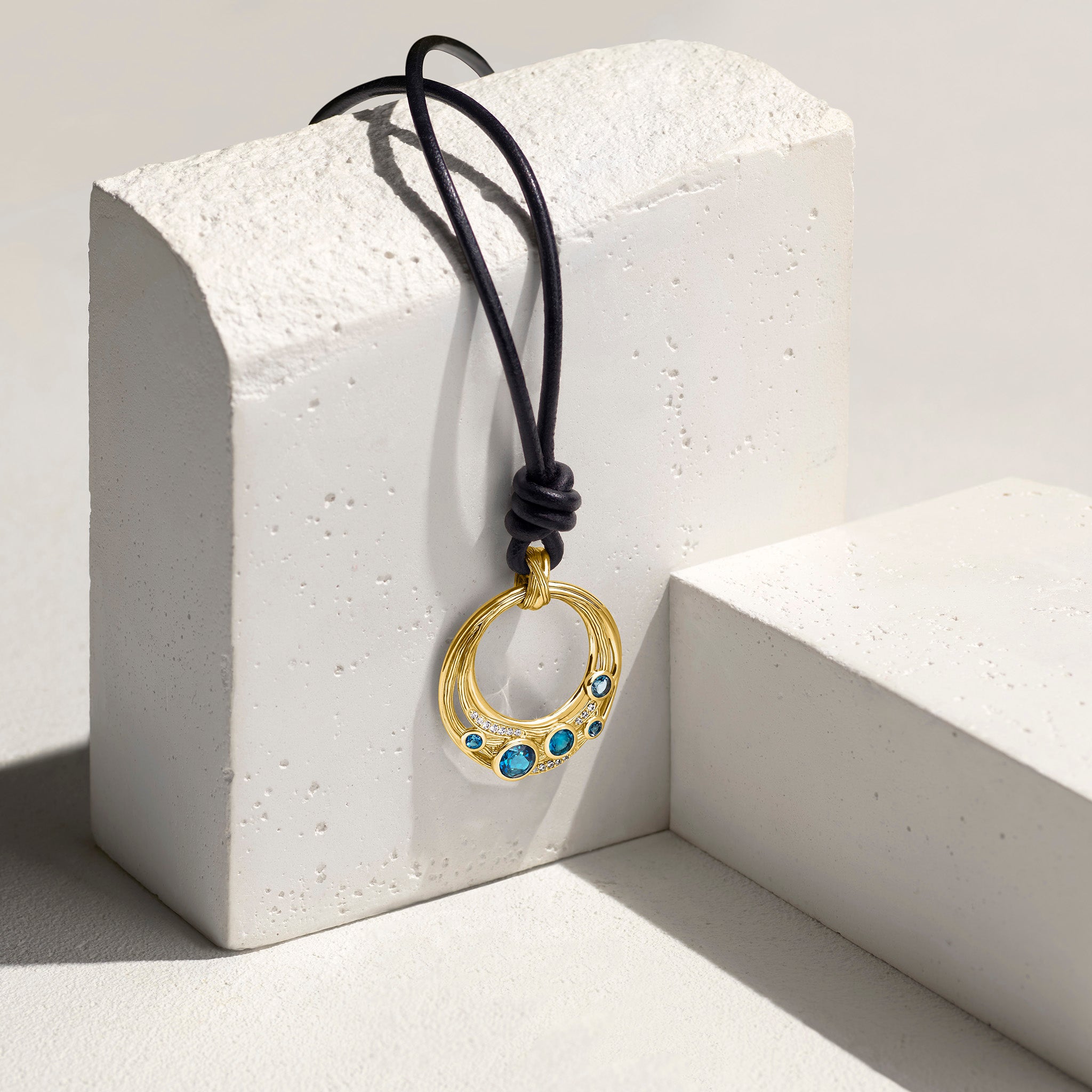 Santorini Long Leather Cord Necklace with London Blue Topaz and Diamonds in 18K