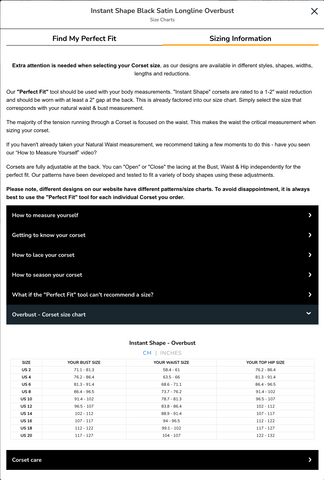 Corset Story Perfect Fit Tool Size Chart Information