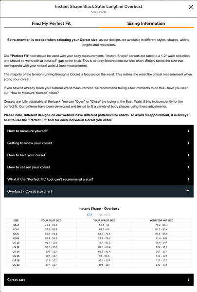 Corset Story Perfect Fit Tool Size Chart Information