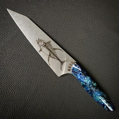 KRVR Knives fiber laser engraved tuna on S35VN blade